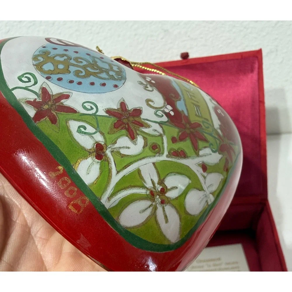 Pier 1 Li Bien Heart Christmas Ornament 2008 Hand Painted Glass Boxed Noel Joy